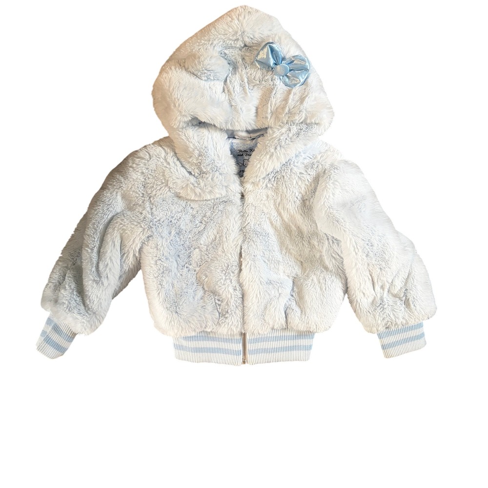 Hello Kitty Forever 21 Kids Blue Faux Fur Angel Hooded Bomber Jacket Size 5/6